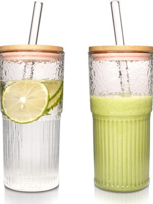 Glass Cups - 22 oz Iced Coffee Cups Drinking Glasses Iced Coffee Cup Reusable Smoothie Cup Glass Tumbler Water Glasses Ribbed Glassware Work from Travel Coffee Mug Drinking Set