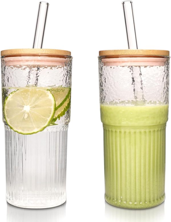 Glass Cups - 22 oz Iced Coffee Cups Drinking Glasses Iced Coffee Cup Reusable Smoothie Cup Glass Tumbler Water Glasses Ribbed Glassware Work from  Travel Coffee Mug Drinking Set
