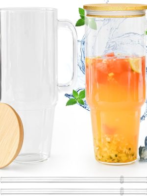 Glass Cups with Lids and Straws 40 oz Glass Tumbler with Straw and Lid 2 Pack Glass Tumbler with Handle Wide Mouth Iced Coffee Cups for Smoothies, Soda, Tea, with Bamboo Lids