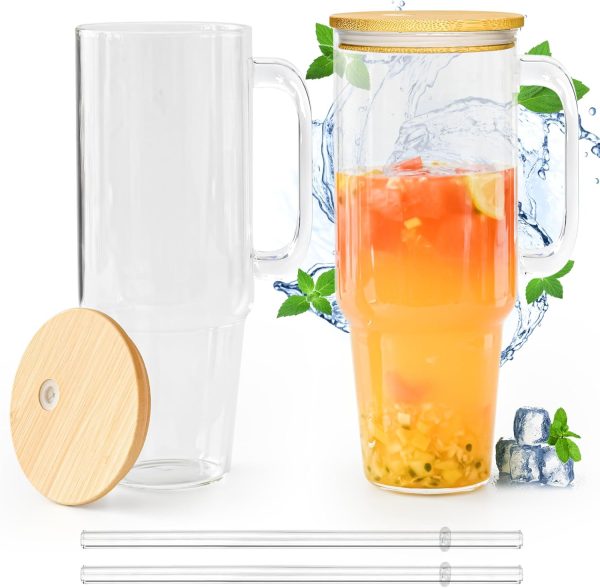 Glass Cups with Lids and Straws 40 oz Glass Tumbler with Straw and Lid 2 Pack Glass Tumbler with Handle Wide Mouth Iced Coffee Cups for Smoothies, Soda, Tea, with Bamboo Lids