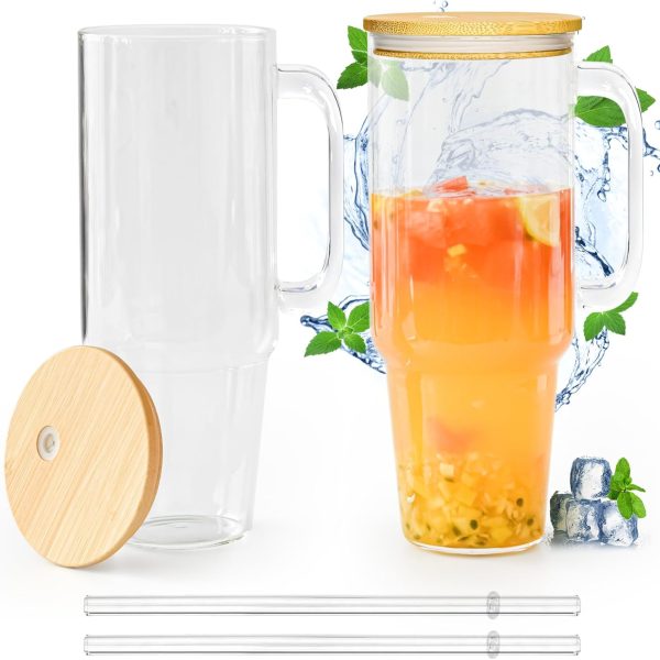 Glass Cups with Lids and Straws 40 oz Glass Tumbler with Straw and Lid 2 Pack Glass Tumbler with Handle Wide Mouth Iced Coffee Cups for Smoothies, Soda, Tea, with Bamboo Lids