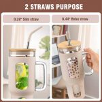 Glass Tumbler with Lid and Straw, 46 oz Iced Coffee Cup with Handle, Glass Water Bottles with Silicone Sleeve, Glass Cup with Straws - Pearl Straw & Drinking Straw BPA Free-Amber