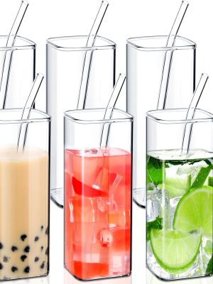 6 Pcs Square Drinking Glasses Thin Square Glass Cups Clear Kitchen Glassware Elegant Bar Glasses Highball Glasses Tumbler for Water, Wine, Juice, Cocktail, Coffee and Mixed Drinks (17 oz)