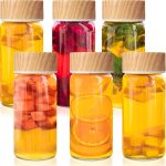 6 Pack Glass Bottles with Lids 12 oz Juicing Bottles Reusable Wide Mouth Glass cups Airtight Leak Proof Drinking Milk Water Tea cups for Storage(Wood)