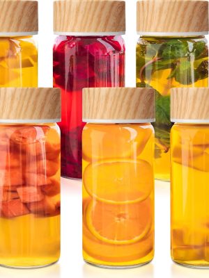 6 Pack Glass Bottles with Lids 12 oz Juicing Bottles Reusable Wide Mouth Glass cups Airtight Leak Proof Drinking Milk Water Tea cups for Storage(Wood)