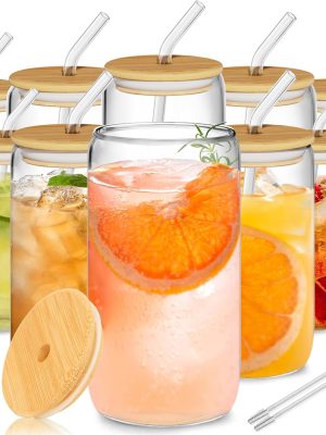 12Pcs Glass Cups with Lids and Straws - 16oz Can Shaped Drinking Glasses Set, Iced Coffee Cup, Beer Glasses Tumbler for Juice, Soda, Smoothie, Boba Tea, Whiskey, Cocktail Include 2 Cleaning Brushes