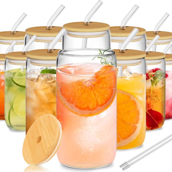 12Pcs Glass Cups with Lids and Straws - 16oz Can Shaped Drinking Glasses Set, Iced Coffee Cup, Beer Glasses Tumbler for Juice, Soda, Smoothie, Boba Tea, Whiskey, Cocktail Include 2 Cleaning Brushes