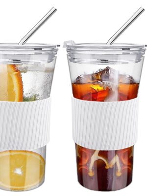 2 pcs Iced Coffee Cups with Lids, 16 oz Glass Cups with Lids and Straws, Reusable Tumbler with Silicone Sleeve, Wide Mouth Can Shaped Drinking Glasses for Coffee Juice Water Smoothie (White)