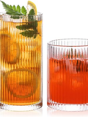 12-Piece Ribbed Glassware - 6 Highball Glasses 12 oz, 6  Glass Cups 14 oz, Vintage Cocktail Drinking Glasses, Ideal for Wine, Juice, Water, Ice Coffee Cup, Whiskey, Mixed Drinkware