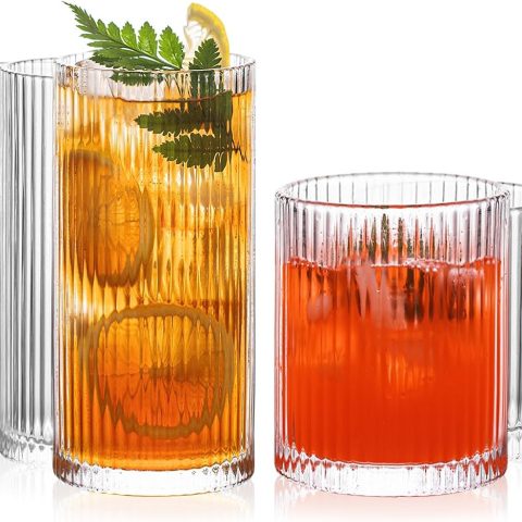 12-Piece Ribbed Glassware - 6 Highball Glasses 12 oz, 6 Glass Cups 14 oz, Vintage Cocktail Drinking Glasses, Ideal for Wine, Juice, Water, Ice Coffee Cup, Whiskey, Mixed Drinkware