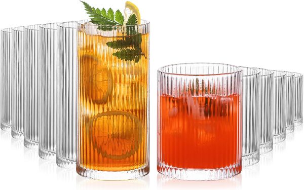 12-Piece Ribbed Glassware - 6 Highball Glasses 12 oz, 6 Glass Cups 14 oz, Vintage Cocktail Drinking Glasses, Ideal for Wine, Juice, Water, Ice Coffee Cup, Whiskey, Mixed Drinkware