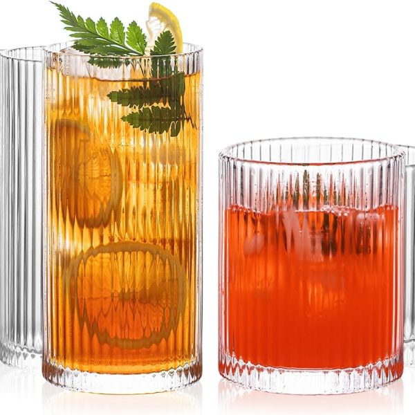 12-Piece Ribbed Glassware - 6 Highball Glasses 12 oz, 6  Glass Cups 14 oz, Vintage Cocktail Drinking Glasses, Ideal for Wine, Juice, Water, Ice Coffee Cup, Whiskey, Mixed Drinkware