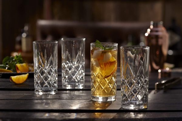 Tall Highball Glasses Set of 8, 12 Ounce Cups, Textured Designer Glassware for Drinking Water, Beer, or Soda, Trendy and Elegant Dishware, Dishwasher Safe ()