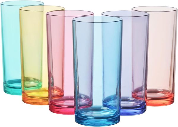 Acrylic Classic Plastic Reusable Drinking Glasses (Set of 6) 16oz Water Cups Assorted Colors | BPA-Free Tumblers, Top-Rack Dishwasher Safe