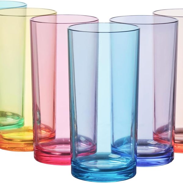 Acrylic Classic Plastic Reusable Drinking Glasses (Set of 6) 16oz Water Cups Assorted Colors | BPA-Free Tumblers,  Top-Rack Dishwasher Safe