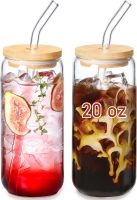 20 OZ Glass Cups with Bamboo Lids and Glass Straw - Beer Shaped Drinking Glasses Set, Iced Coffee Glasses, Cute Tumbler Cup, Aesthetic Coffee Bar Accessories, Gift - 2 Pack