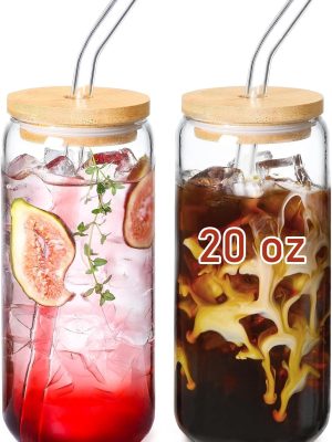 20 OZ Glass Cups with Bamboo Lids and Glass Straw - Beer Shaped Drinking Glasses Set, Iced Coffee Glasses, Cute Tumbler Cup, Aesthetic Coffee Bar Accessories, Gift - 2 Pack