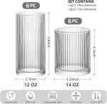 12-Piece Ribbed Glassware - 6 Highball Glasses 12 oz, 6 Glass Cups 14 oz, Vintage Cocktail Drinking Glasses, Ideal for Wine, Juice, Water, Ice Coffee Cup, Whiskey, Mixed Drinkware