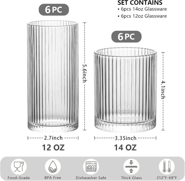 12-Piece Ribbed Glassware - 6 Highball Glasses 12 oz, 6 Glass Cups 14 oz, Vintage Cocktail Drinking Glasses, Ideal for Wine, Juice, Water, Ice Coffee Cup, Whiskey, Mixed Drinkware