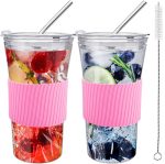 2 pcs Iced Coffee Cups with Lids, 16 oz Glass Cups with Lids and Straws, Reusable Tumbler with Silicone Sleeve, Wide Mouth Can Shaped Drinking Glasses for Coffee Juice Water Smoothie (Pink)