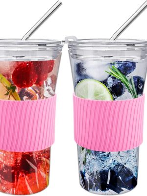 2 pcs Iced Coffee Cups with Lids, 16 oz Glass Cups with Lids and Straws, Reusable Tumbler with Silicone Sleeve, Wide Mouth Can Shaped Drinking Glasses for Coffee Juice Water Smoothie (Pink)