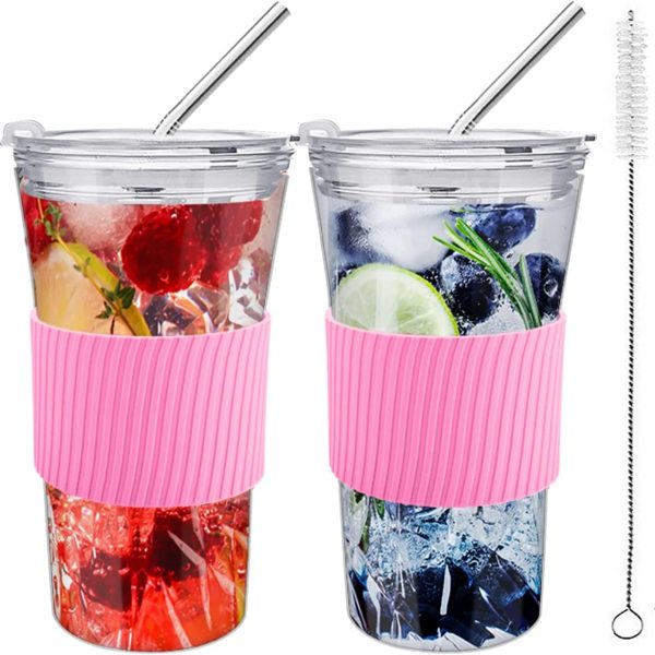 2 pcs Iced Coffee Cups with Lids, 16 oz Glass Cups with Lids and Straws, Reusable Tumbler with Silicone Sleeve, Wide Mouth Can Shaped Drinking Glasses for Coffee Juice Water Smoothie (Pink)