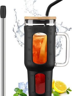 Glass Tumbler with Lid and Straw, 46 oz Iced Coffee Cup with Handle, Large Water Bottles with Silicone Sleeve, Glass Cup with Straws - Pearl Straw & Drinking Straw BPA Free-Black