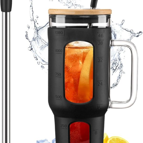 Glass Tumbler with Lid and Straw, 46 oz Iced Coffee Cup with Handle, Large Water Bottles with Silicone Sleeve, Glass Cup with Straws - Pearl Straw & Drinking Straw BPA Free-Black