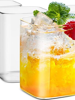 Drinking Glasses 8 oz,Thin Square Glasses Set of 4,Elegant Bar Glassware For Water,Juice,Beer, Drinks,and Cocktails and Mixed Drinks,Lead-Free Square Glass,Glass Drink Tumblers