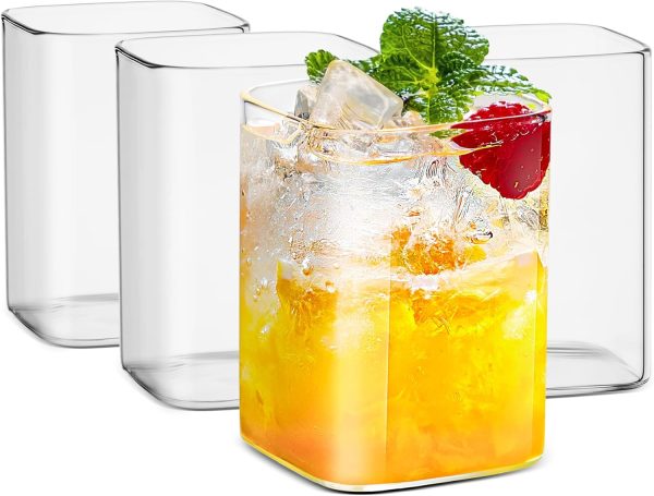 Drinking Glasses 8 oz,Thin Square Glasses Set of 4,Elegant Bar Glassware For Water,Juice,Beer, Drinks,and Cocktails and Mixed Drinks,Lead-Free Square Glass,Glass Drink Tumblers