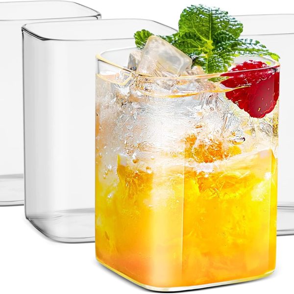 Drinking Glasses 8 oz,Thin Square Glasses Set of 4,Elegant Bar Glassware For Water,Juice,Beer, Drinks,and Cocktails and Mixed Drinks,Lead-Free Square Glass,Glass Drink Tumblers