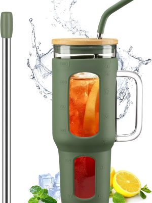 Glass Tumbler with Lid and Straw, 46 oz Iced Coffee Cup with Handle, Large Water Bottles with Silicone Sleeve, Glass Cup with Straws - Pearl Straw & Drinking Straw BPA Free-Olive