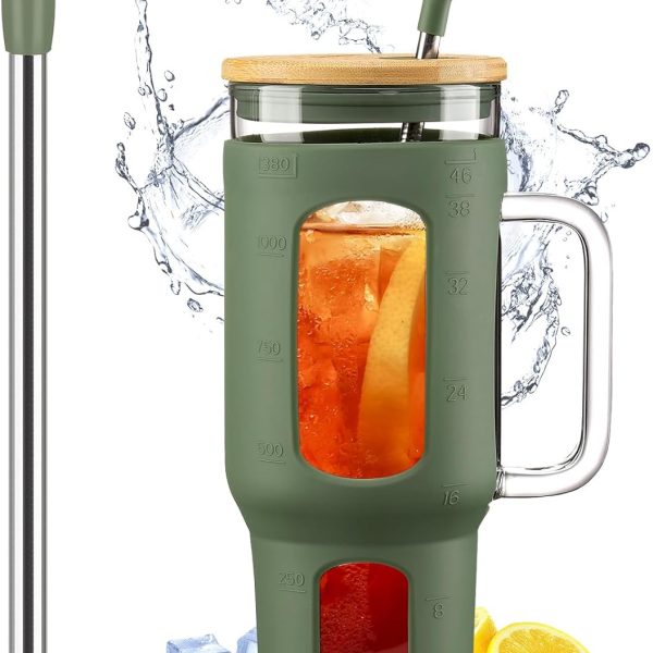 Glass Tumbler with Lid and Straw, 46 oz Iced Coffee Cup with Handle, Large Water Bottles with Silicone Sleeve, Glass Cup with Straws - Pearl Straw & Drinking Straw BPA Free-Olive