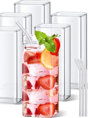 6 Pieces Square Drinking Glasses 13 oz Square Glass Cups Modern Highball Glasses Thin Cute Cocktail Glasses Glassware with Straws and Straw Brushes for Coffee Water Juice Beer Mixed Drink Tumbler