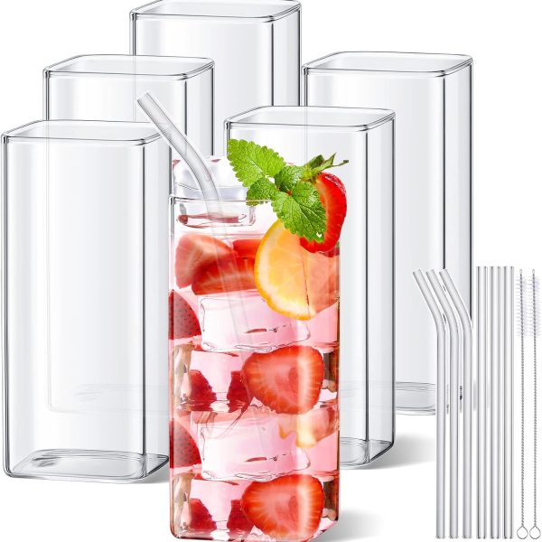 6 Pieces Square Drinking Glasses 13 oz Square Glass Cups Modern Highball Glasses Thin Cute Cocktail Glasses Glassware with Straws and Straw Brushes for Coffee Water Juice Beer Mixed Drink Tumbler