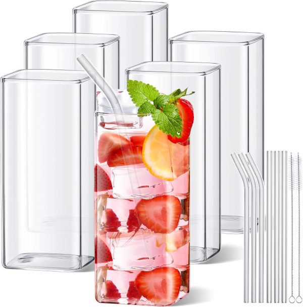 6 Pieces Square Drinking Glasses 13 oz Square Glass Cups Modern Highball Glasses Thin Cute Cocktail Glasses Glassware with Straws and Straw Brushes for Coffee Water Juice Beer Mixed Drink Tumbler