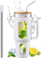Glass Tumbler with Lid and Straw, 46 oz Iced Coffee Cup with Handle, Large Water Bottles with Silicone Sleeve, Glass Cup with Straws - Pearl Straw & Drinking Straw BPA Free-White