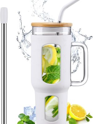 Glass Tumbler with Lid and Straw, 46 oz Iced Coffee Cup with Handle, Large Water Bottles with Silicone Sleeve, Glass Cup with Straws - Pearl Straw & Drinking Straw BPA Free-White