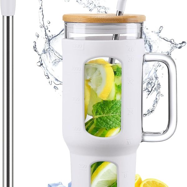 Glass Tumbler with Lid and Straw, 46 oz Iced Coffee Cup with Handle, Large Water Bottles with Silicone Sleeve, Glass Cup with Straws - Pearl Straw & Drinking Straw BPA Free-White