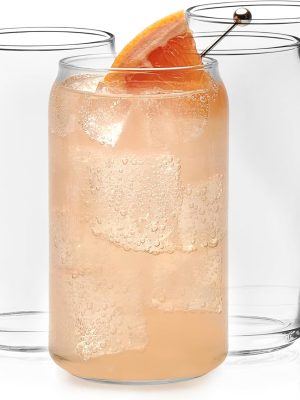 Classic Can Tumbler Glasses Set of 4, Clear Kitchen Glassware Sets for Beverages and Cocktails, Lead-Free, Cute Drinking Glasses, 16-Ounce