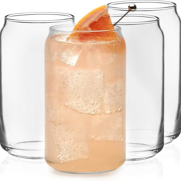 Classic Can Tumbler Glasses Set of 4, Clear Kitchen Glassware Sets for Beverages and Cocktails, Lead-Free, Cute Drinking Glasses, 16-Ounce