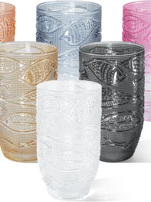 Drinking Glasses Set of 6, 15 oz Vintage Fish Glassware Sets, Romantic Water Glasses, Textured Glass Cups, Embossed Colored Glass Water Tumbler for Beer, Cocktail, Whiskey, Juice