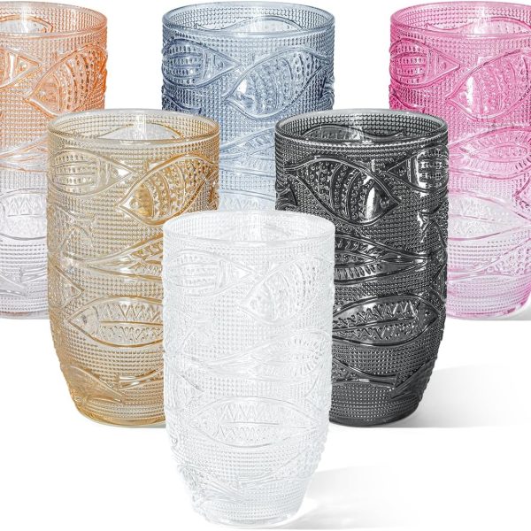 Drinking Glasses Set of 6, 15 oz Vintage Fish Glassware Sets, Romantic Water Glasses, Textured Glass Cups, Embossed Colored Glass Water Tumbler for Beer, Cocktail, Whiskey, Juice