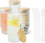 4 Pcs 16 oz Glasses Cups Set with Bamboo Lids Straws Brush  Glassware Set for Juice Iced Coffee Beer and Cocktail Whiskey