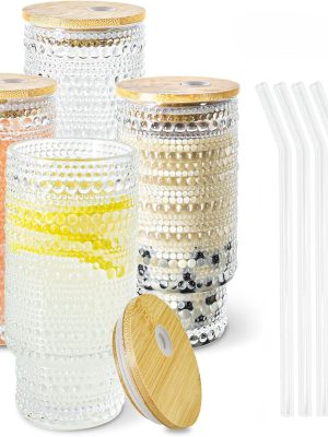 4 Pcs 16 oz Glasses Cups Set with Bamboo Lids Straws Brush Glassware Set for Juice Iced Coffee Beer and Cocktail Whiskey