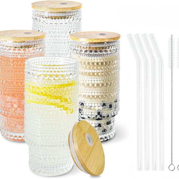 4 Pcs 16 oz Glasses Cups Set with Bamboo Lids Straws Brush  Glassware Set for Juice Iced Coffee Beer and Cocktail Whiskey