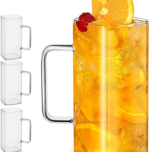 Drinking Glasses 13 oz With Handle,Set of 4 Thin Square Glasses,Elegant Bar Glassware For Water,Juice,Beer, Drinks,and Cocktails and Mixed Drinks,Lead-Free Drink Tumblers