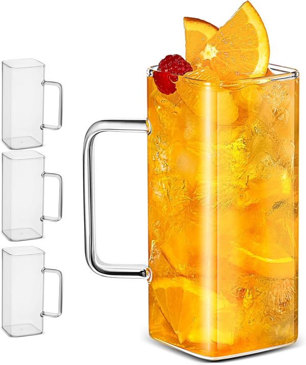Drinking Glasses 13 oz With Handle,Set of 4 Thin Square Glasses,Elegant Bar Glassware For Water,Juice,Beer, Drinks,and Cocktails and Mixed Drinks,Lead-Free Drink Tumblers