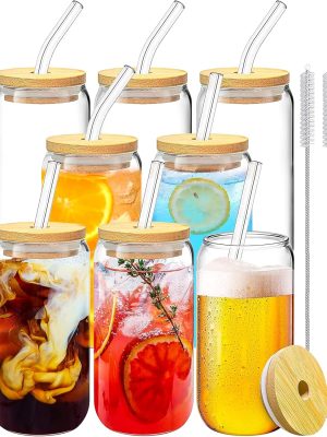 Drinking Glasses with Bamboo Lids and Glass Straw 8PCS Set, 16oz Glass Cups with Lids and Straws, Beer, Iced Coffee Glasses, Soda, Gift 2 Cleaning Brushes