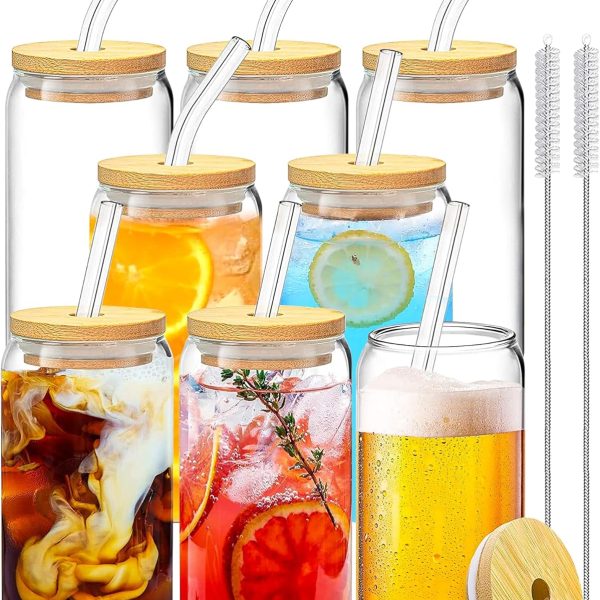 Drinking Glasses with Bamboo Lids and Glass Straw 8PCS Set, 16oz Glass Cups with Lids and Straws, Beer, Iced Coffee Glasses, Soda, Gift 2 Cleaning Brushes
